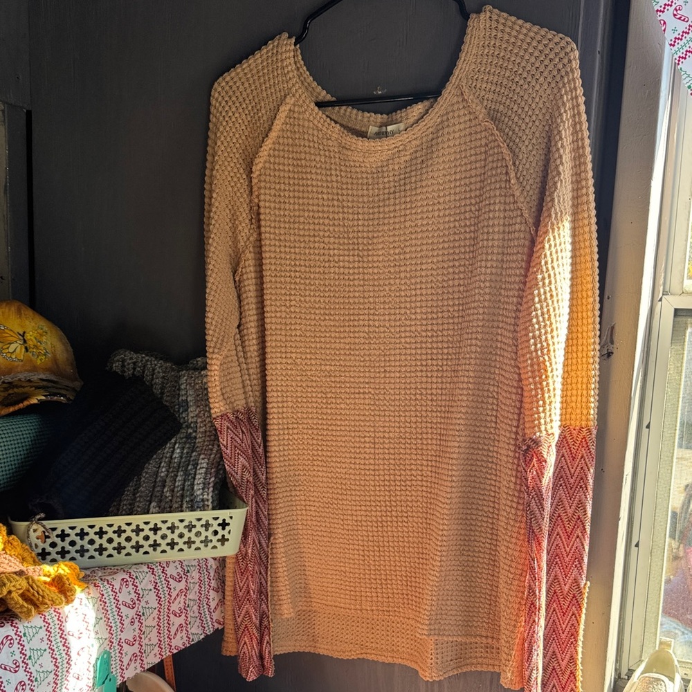 Cozy Tan and Red Waffle Knit Sweatshirt